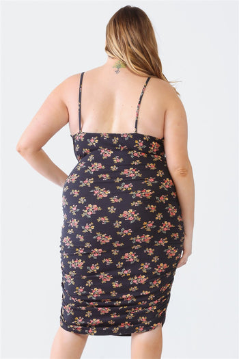 Blue Leopard Plus Size Ruched Floral Square Neck Cami Dress BiBi