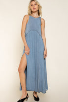 Stone Washed Side Slit Cut Out Maxi Dress POL