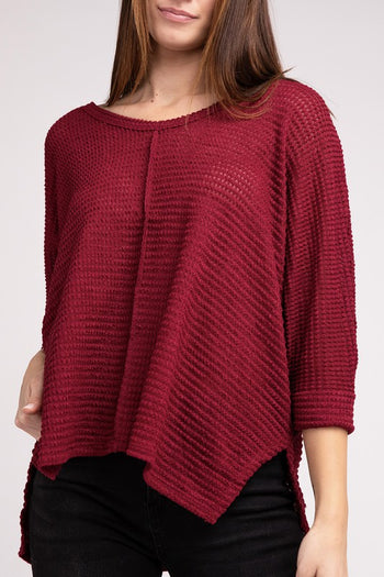 3/4 Sleeve V-Neck Hi-Low Hem Jacquard Sweater ZENANA