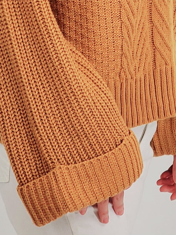 V Neck Bell-Sleeve Cable-Knit Oversize Sweater Top Mak