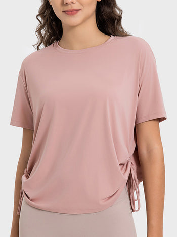 Drawstring Round Neck Short Sleeve Active T-Shirt Trendsi