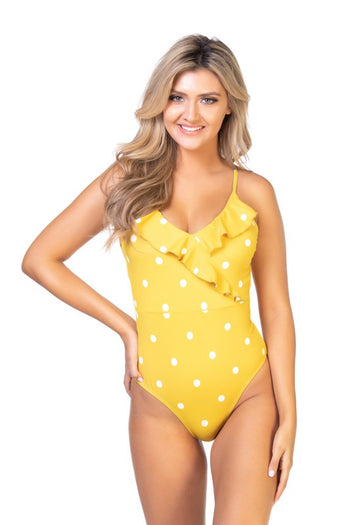 YELLOW POLKA DOTS RUFFLE ONE PIECE SWIMSUIT Beach Joy Bikini