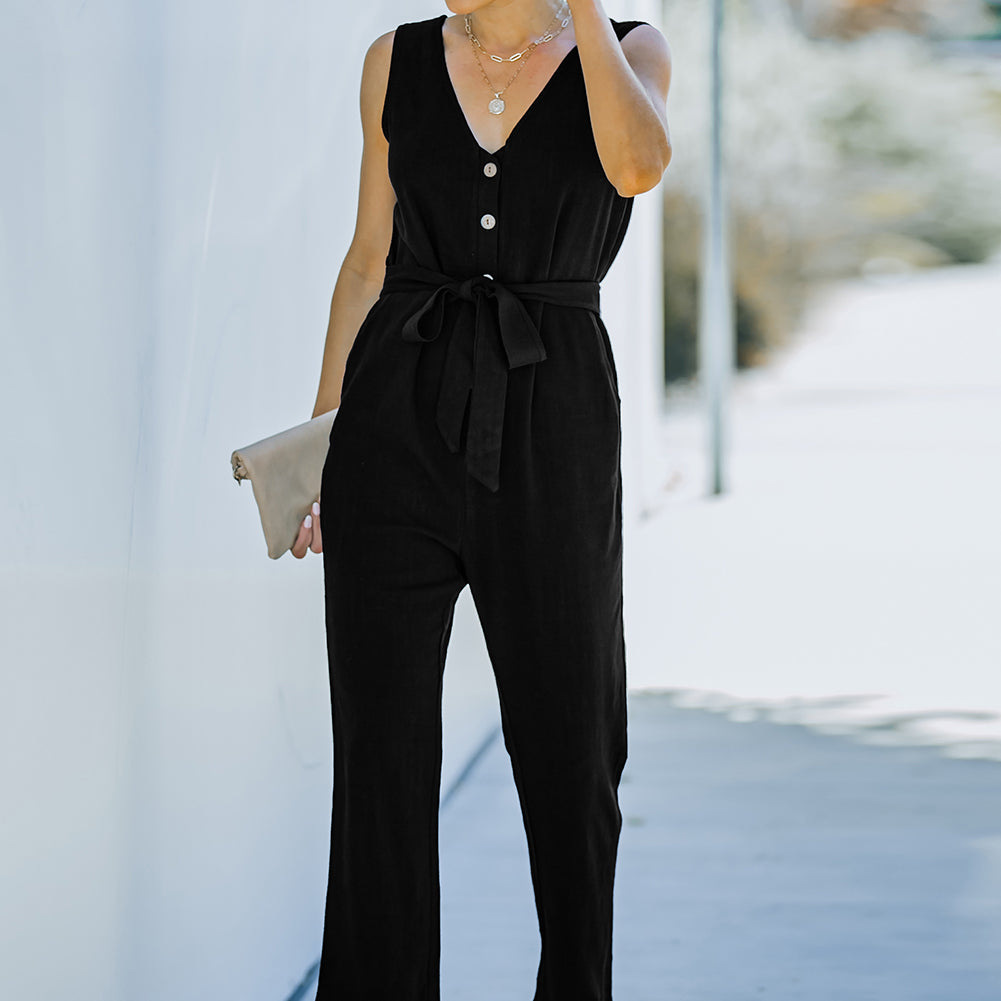 V-Neck Tie Waist Sleeveless Jumpsuit