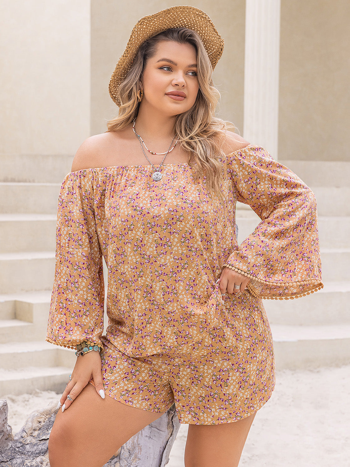 Plus Size Printed Off-Shoulder Top and Shorts Set Trendsi