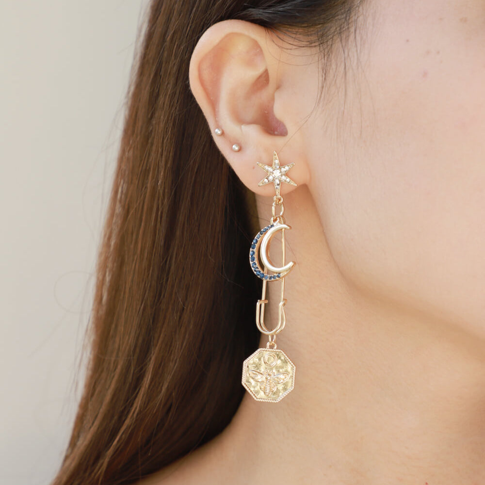 5-Pair Wholesale Inlaid Rhinestone Moon and Star Drop Earrings