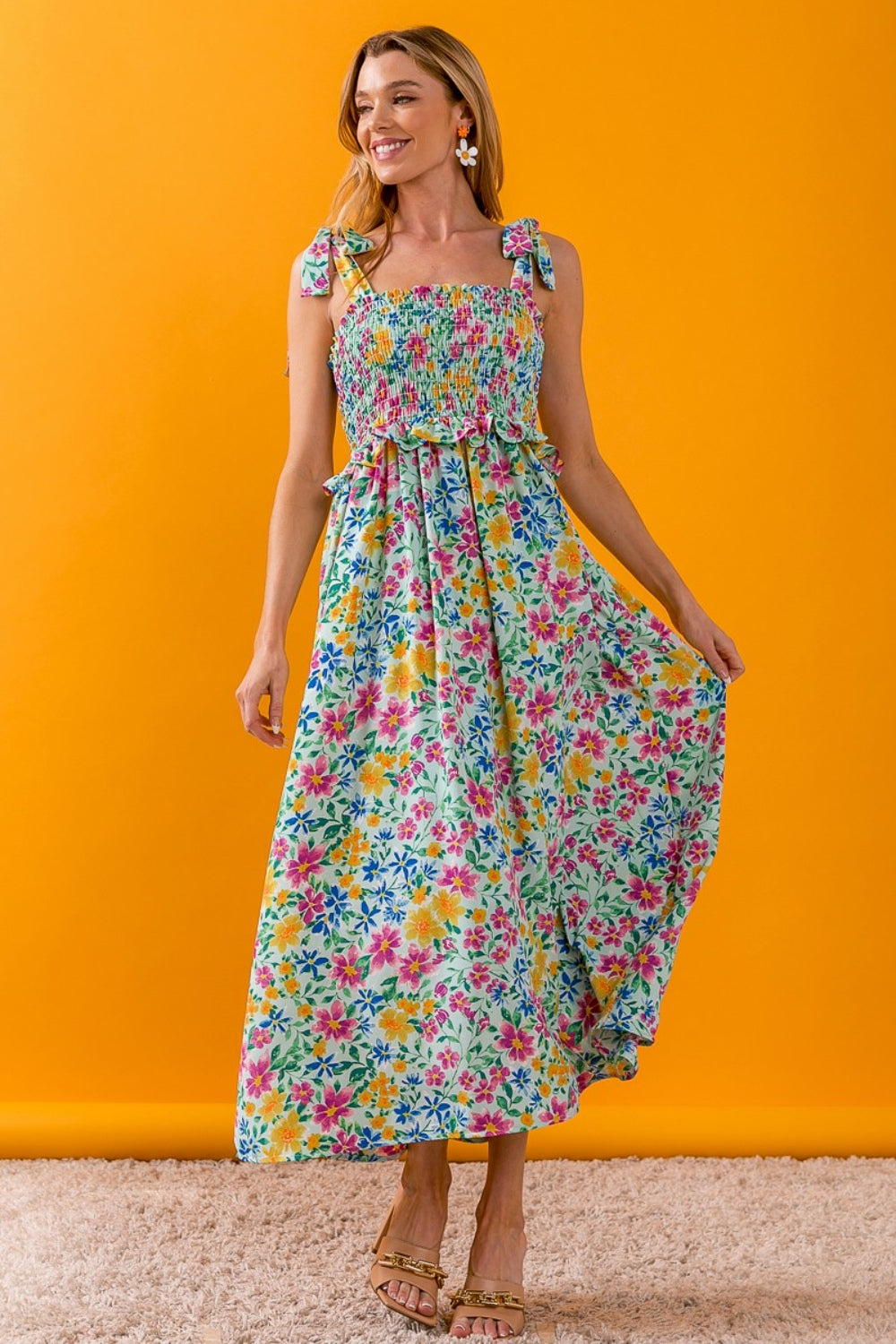 BiBi Floral Ruffle Trim Smocked Cami Dress Trendsi
