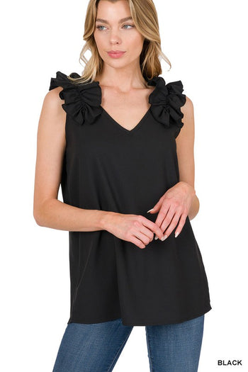 WOVEN WOOL DOBBY RUFFLE TRIM SLEEVELESS TOP ZENANA