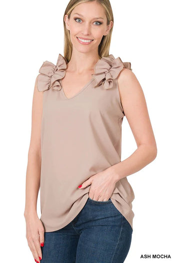 Zenana Woven Wool Dobby Ruffle Trim Sleeveless Top ZENANA