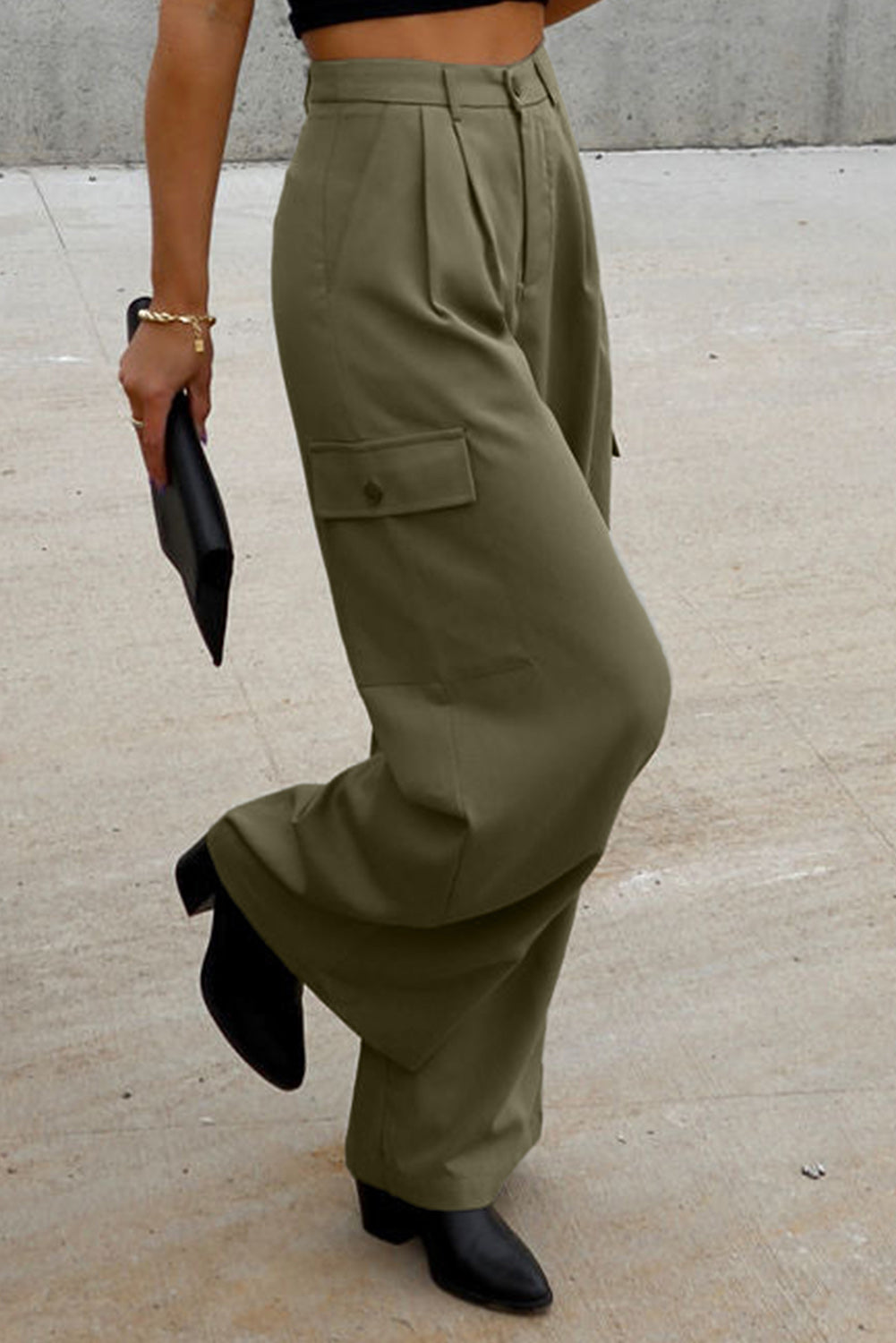 Ruched Wide Leg Pants with Pockets Trendsi