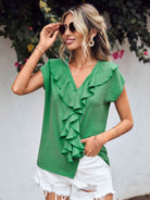 Ruffled V-Neck Short Sleeve Blouse Trendsi