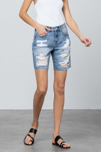 Ripped Raw Hem Bermuda Denim Shorts Denim Lab USA