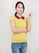 Cute Contrast Collar Pleated Cap Sleeve Knit Top Mak