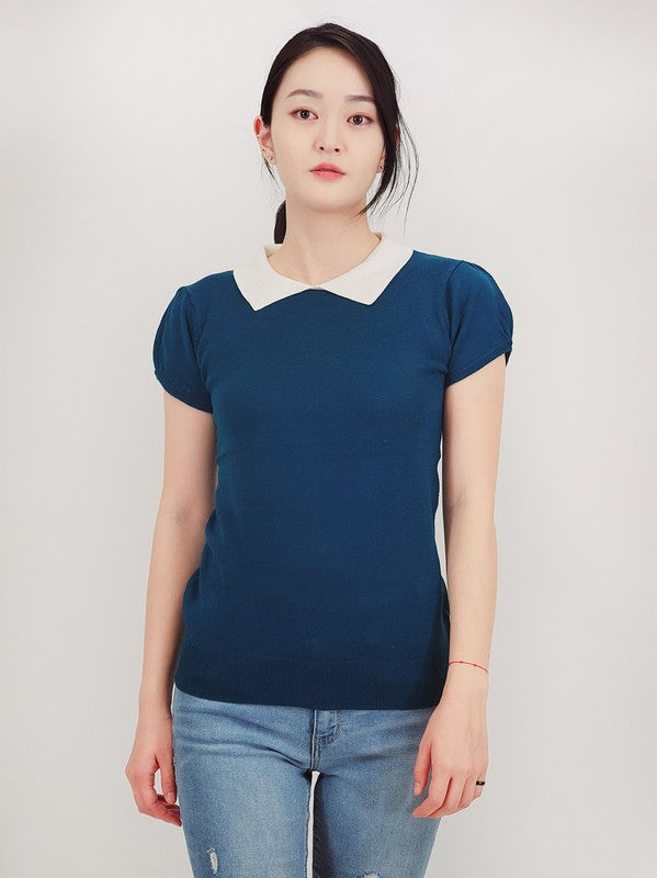 Cute Contrast Collar Pleated Cap Sleeve Knit Top Mak