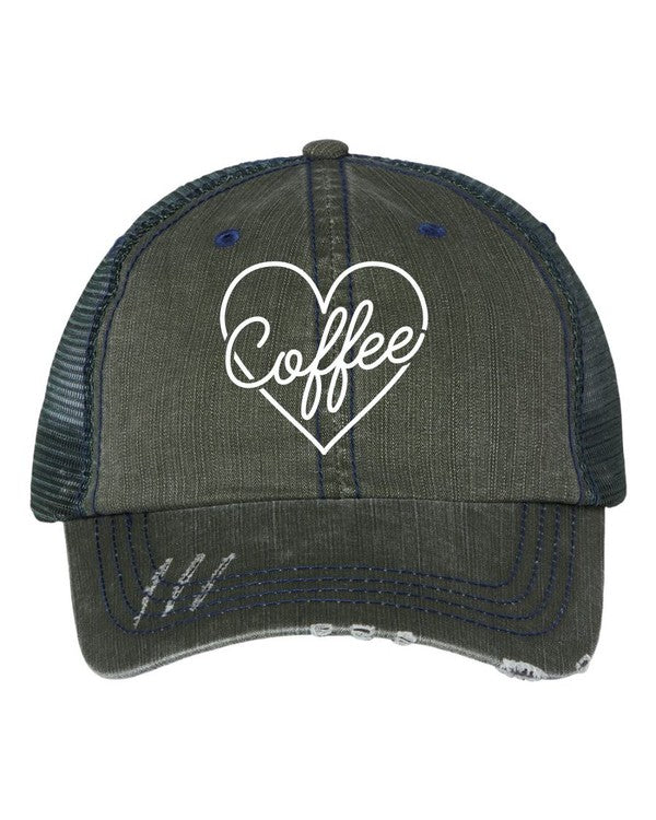 Heart and Coffee Embroidered Trucker Hat Ocean and 7th