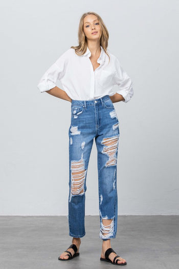 HIGH RISE DESTROYED STRAIGHT JEANS Denim Lab USA