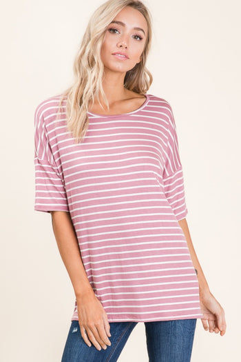 BOMBOM Striped Round Neck Half Sleeve T-Shirt Trendsi