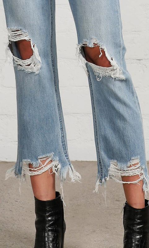 High Waist Ripped Frayed Hem Straight Jeans Denim Lab USA