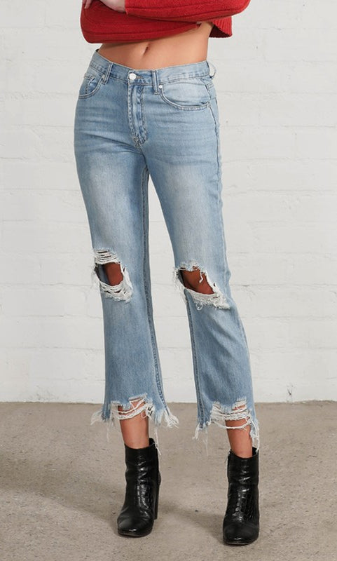 High Waist Ripped Frayed Hem Straight Jeans Denim Lab USA