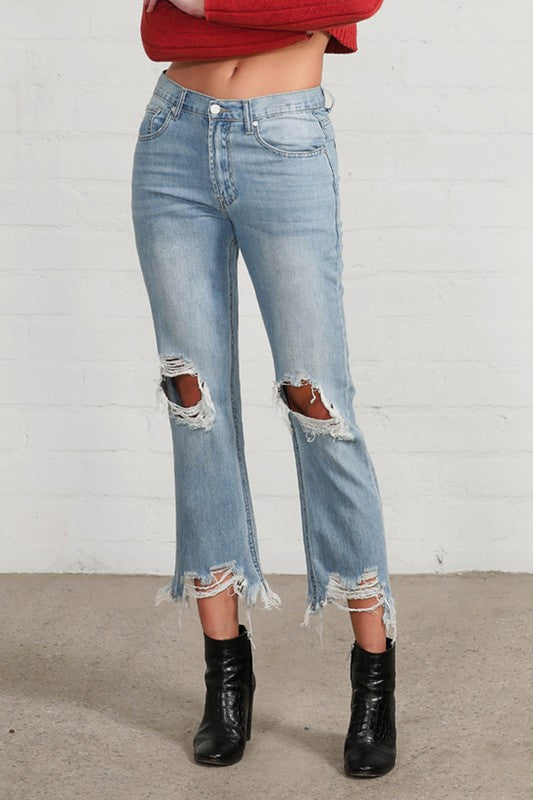 High Waist Ripped Frayed Hem Straight Jeans Denim Lab USA