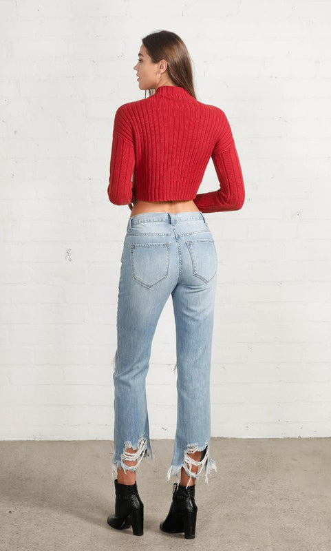 High Waist Ripped Frayed Hem Straight Jeans Denim Lab USA