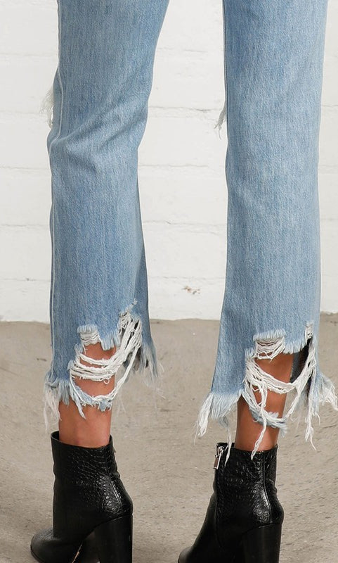 High Waist Ripped Frayed Hem Straight Jeans Denim Lab USA