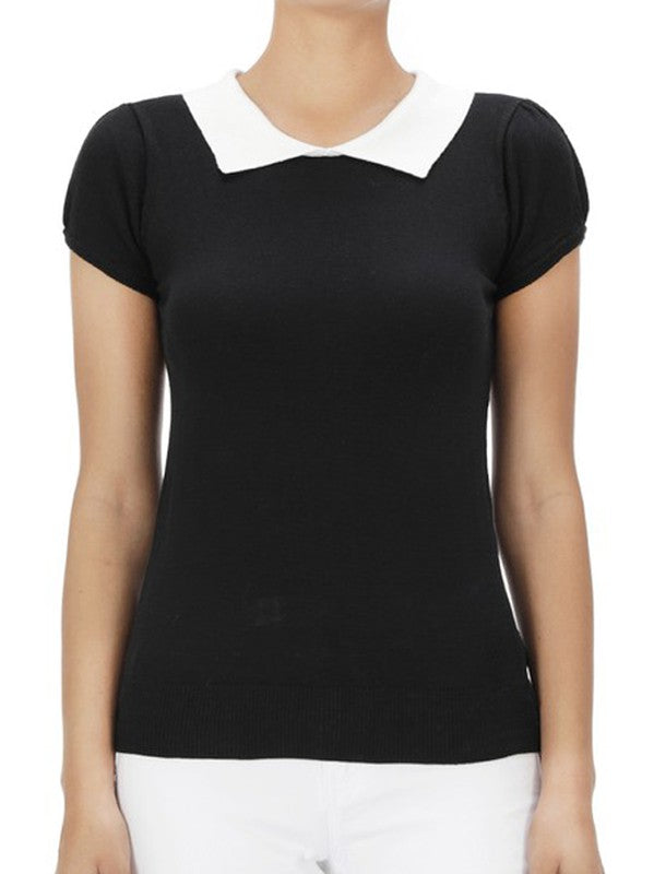 Cute Contrast Collar Pleated Cap Sleeve Knit Top Mak