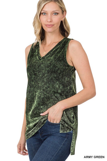 Mineral Wash Sleeveless V-Neck Top With Side Slit ZENANA