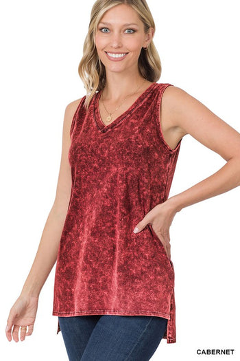 Mineral Wash Sleeveless V-Neck Top With Side Slit ZENANA