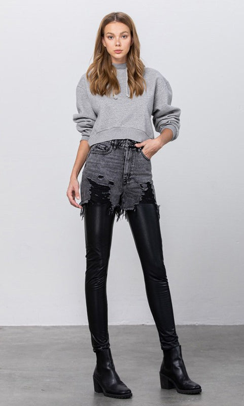 HIGH RISE LEATHER COMBO DENIM PANTS Insane Gene