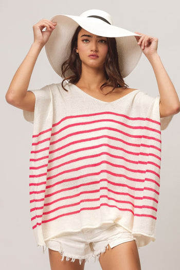 BiBi V Neck Striped Short Sleeve Top Trendsi