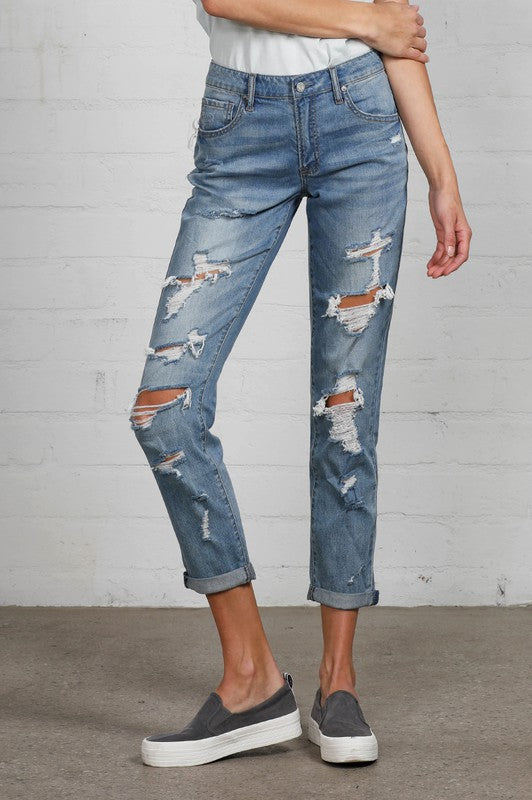 Mid Rise Heavy Destroyed Jeans Insane Gene