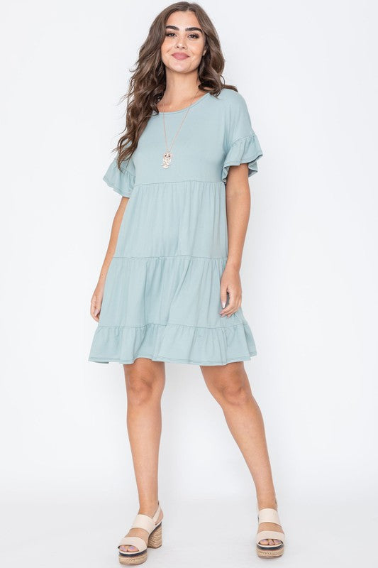 Solid Ruffle Triple Tiered Midi Dress EG fashion