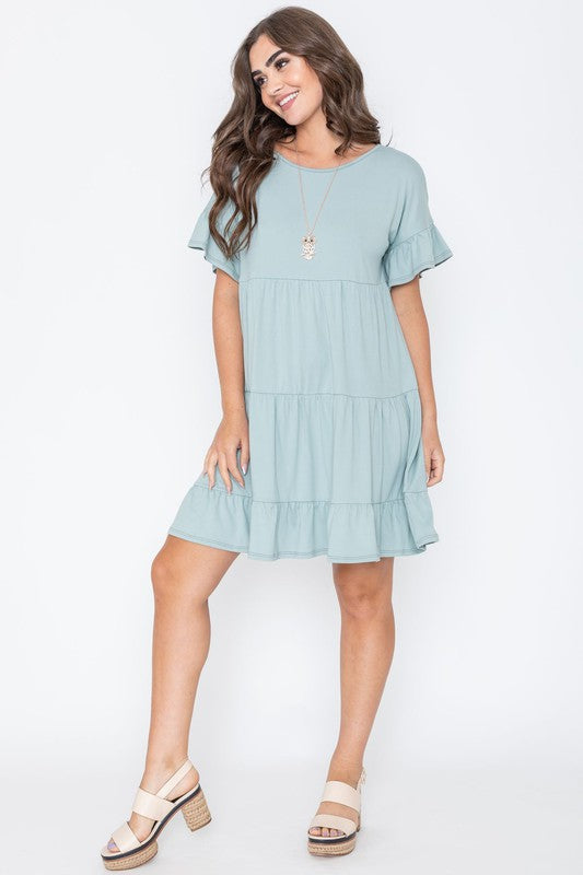 Solid Ruffle Triple Tiered Midi Dress EG fashion