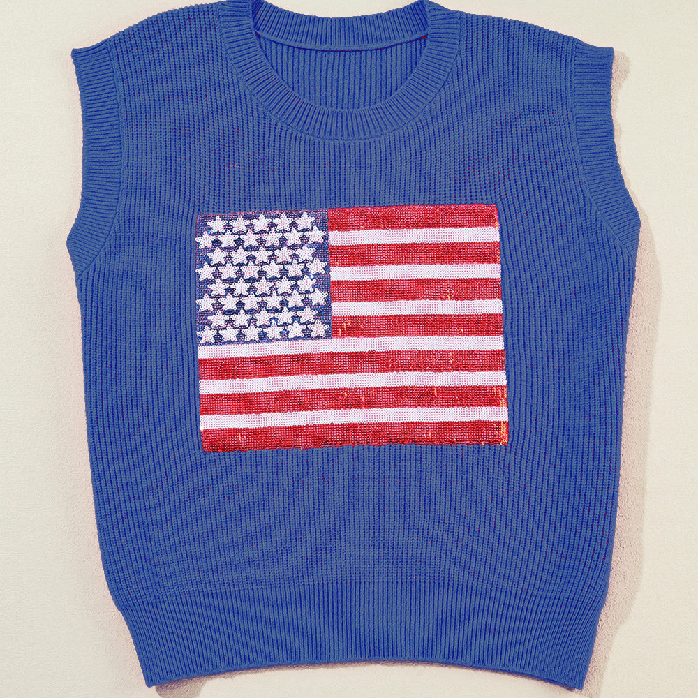 Sequin US Flag Round Neck Sweater Vest