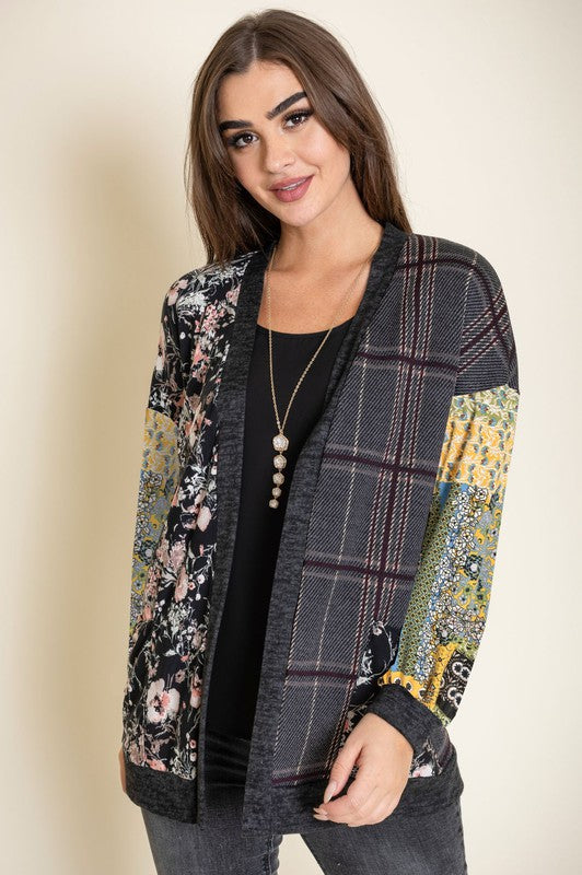 Mix Fabric Open Cardigan EG fashion