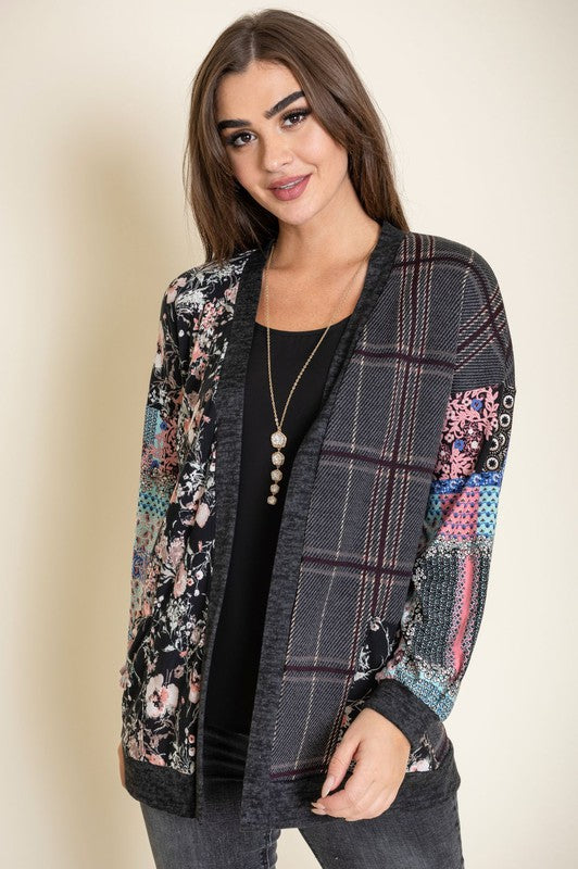 Mix Fabric Open Cardigan EG fashion