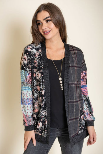 Mix Fabric Open Cardigan EG fashion