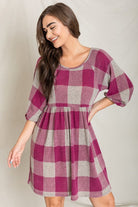 Checker Balloon Sleeve Midi Dress EG fashion