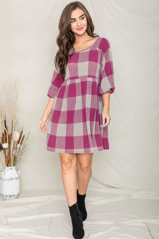 Checker Balloon Sleeve Midi Dress EG fashion