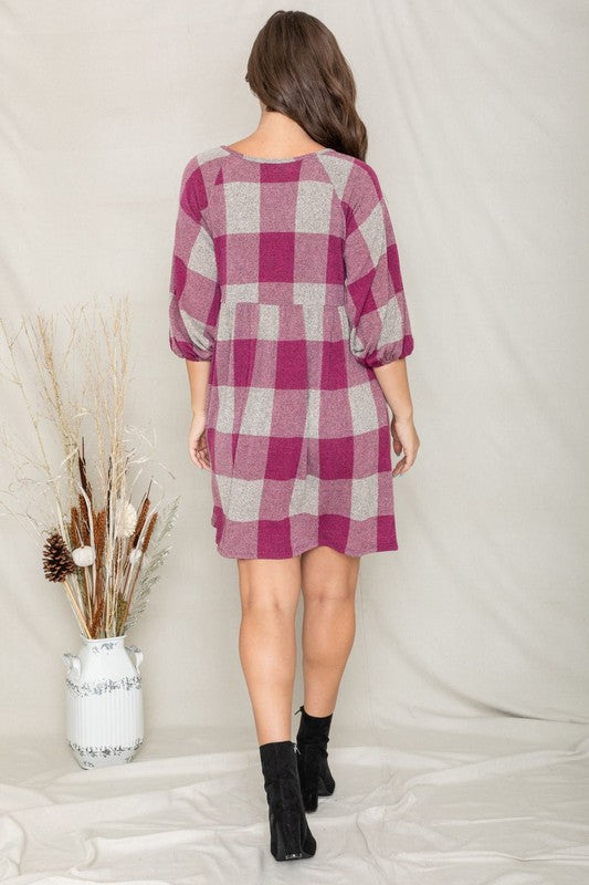 Checker Balloon Sleeve Midi Dress EG fashion