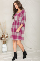 Checker Balloon Sleeve Midi Dress EG fashion