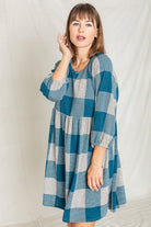 Checker Balloon Sleeve Midi Dress EG fashion