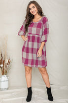 Checker Balloon Sleeve Midi Dress EG fashion