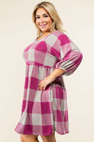 Checker Balloon Sleeve Midi Dress EG fashion