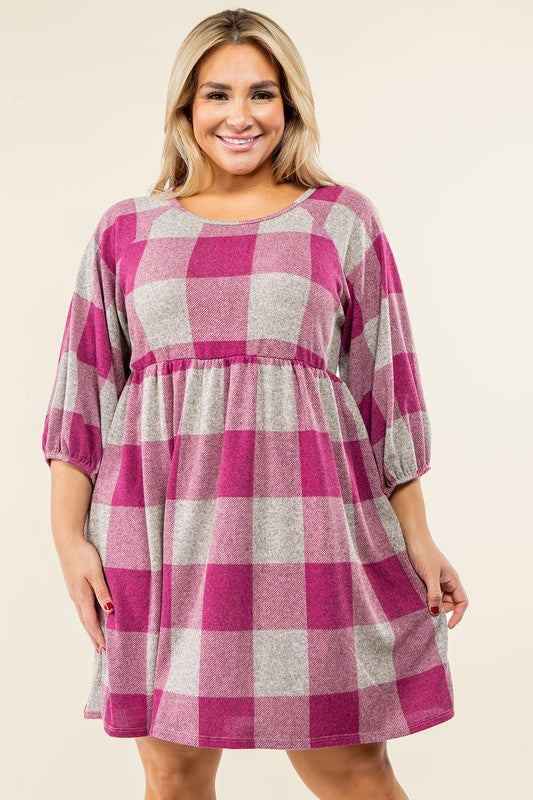 Checker Balloon Sleeve Midi Dress EG fashion