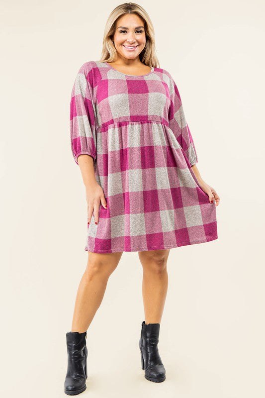 Checker Balloon Sleeve Midi Dress EG fashion