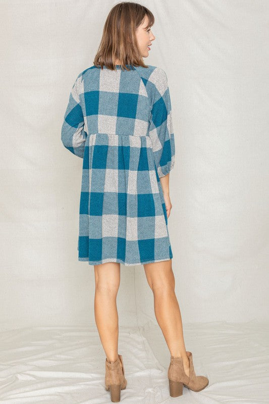 Checker Balloon Sleeve Midi Dress EG fashion