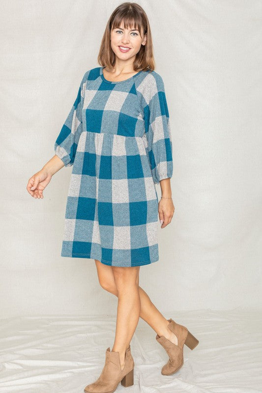 Checker Balloon Sleeve Midi Dress EG fashion