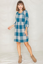 Checker Balloon Sleeve Midi Dress EG fashion