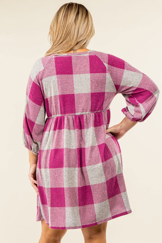 Checker Balloon Sleeve Midi Dress EG fashion